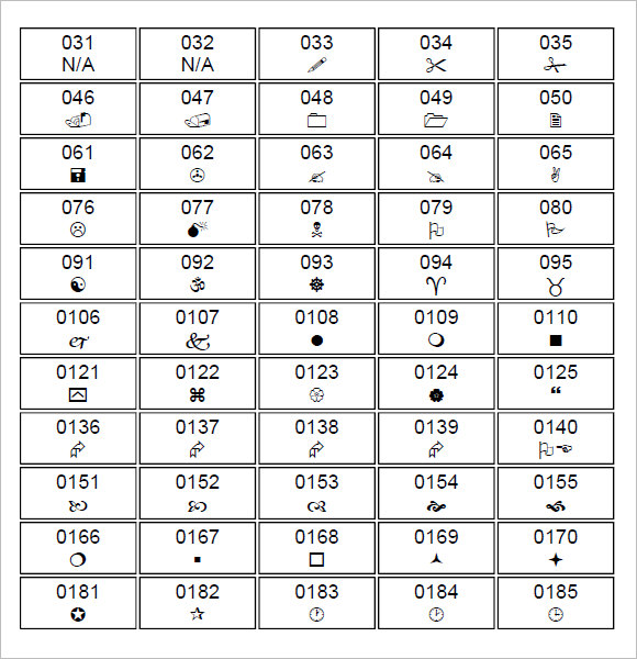 Wingdings 2 Character Map