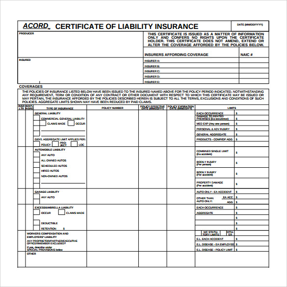 Certificate Of Liability Insurance Form Template image.