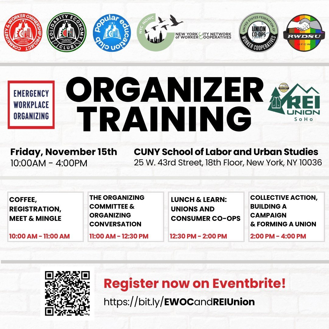 We are SO stoked to join with the NYC co-op community to present an @organizeworkers training at @cunyslu! Join us on Fri, Nov 15, 10 AM-4 PM, for a full day of learning from each other about organizing, unions, and co-ops! RSVP at the link in our bi