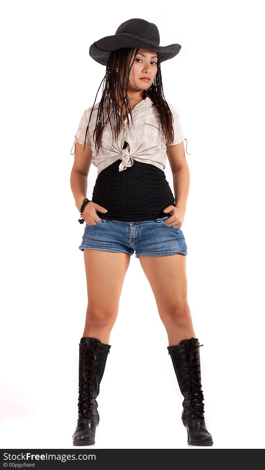 A cowgirl over a white background