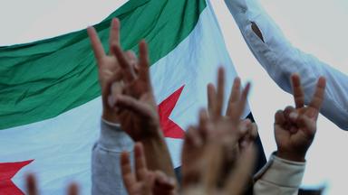 Menschen halten vor der syrischen Flagge jeweils zwei Finger in die Höhe - das Friedenszeichen.