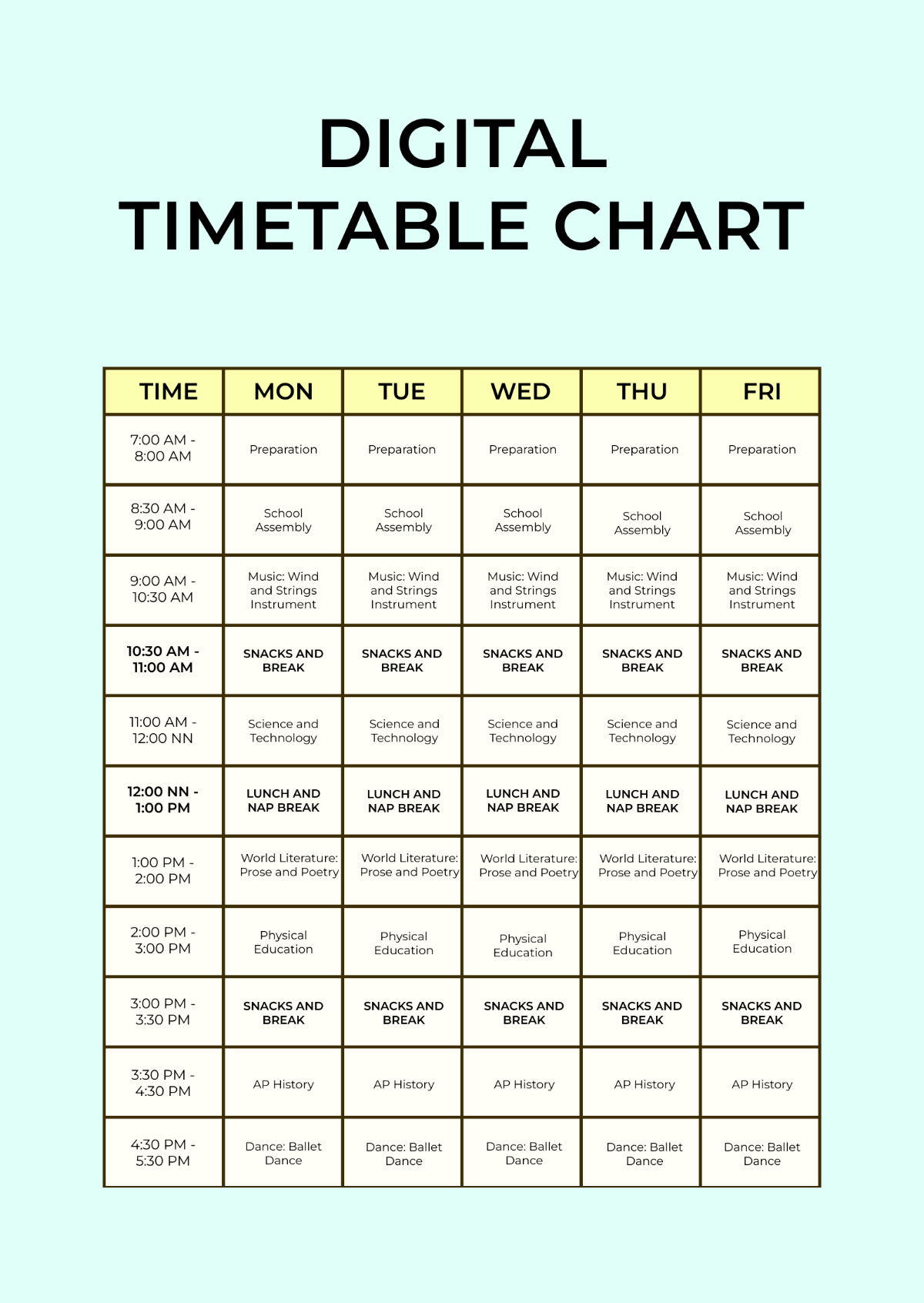 Digital Timetable Chart Template - Edit Online & Download