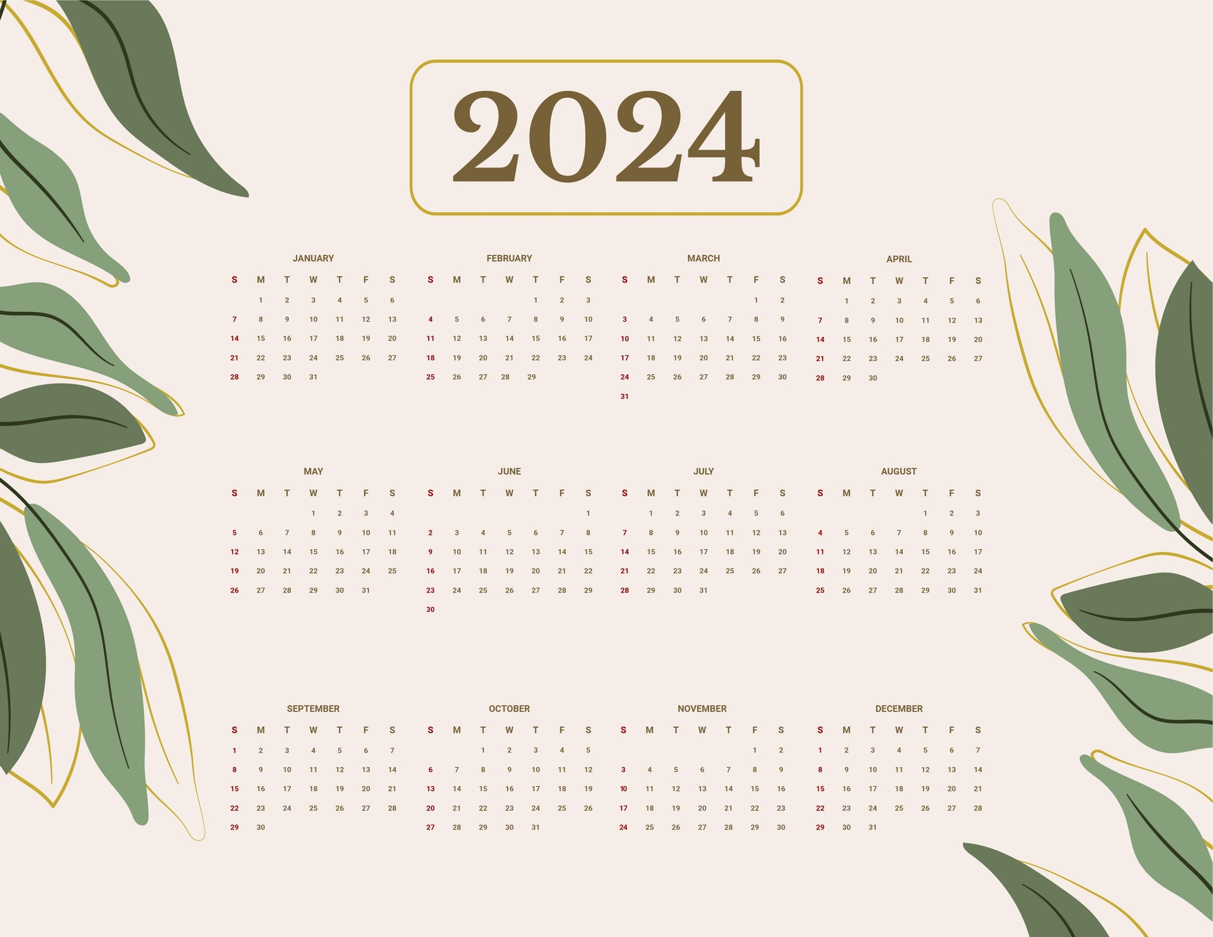 2024 Yearly Calendar Template Excel Online Printable - 2024 Calendar ...