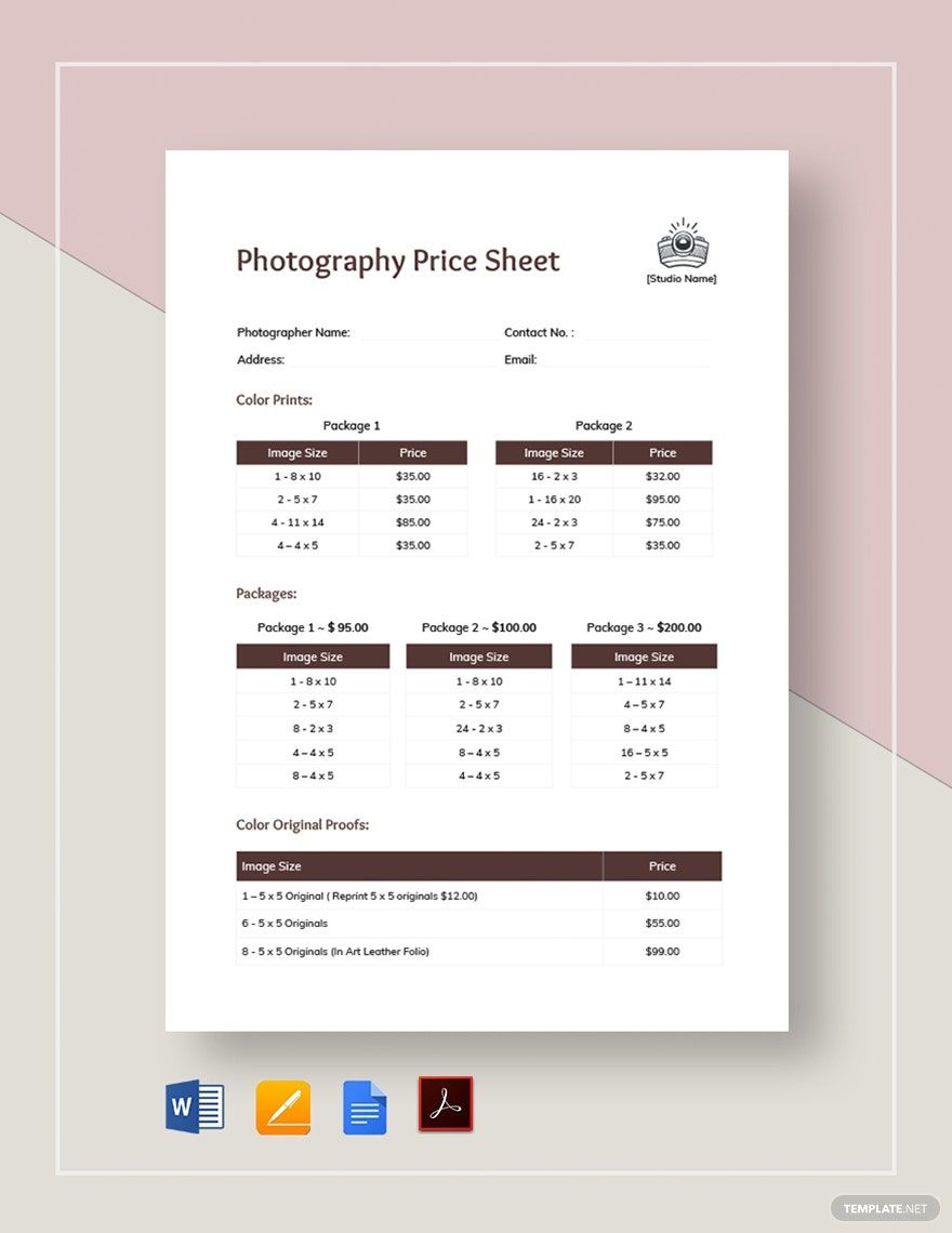 Price Sheet Template for Photography Template