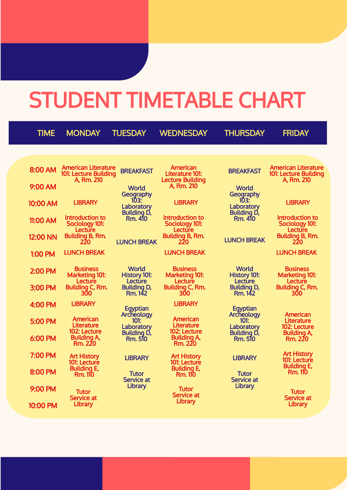 Student Timetable Chart Template - Edit Online & Download