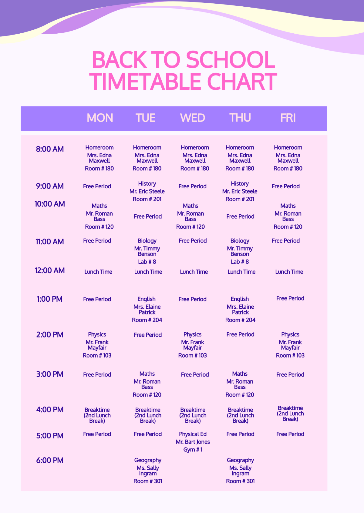 Back To School Timetable Chart Template - Edit Online & Download