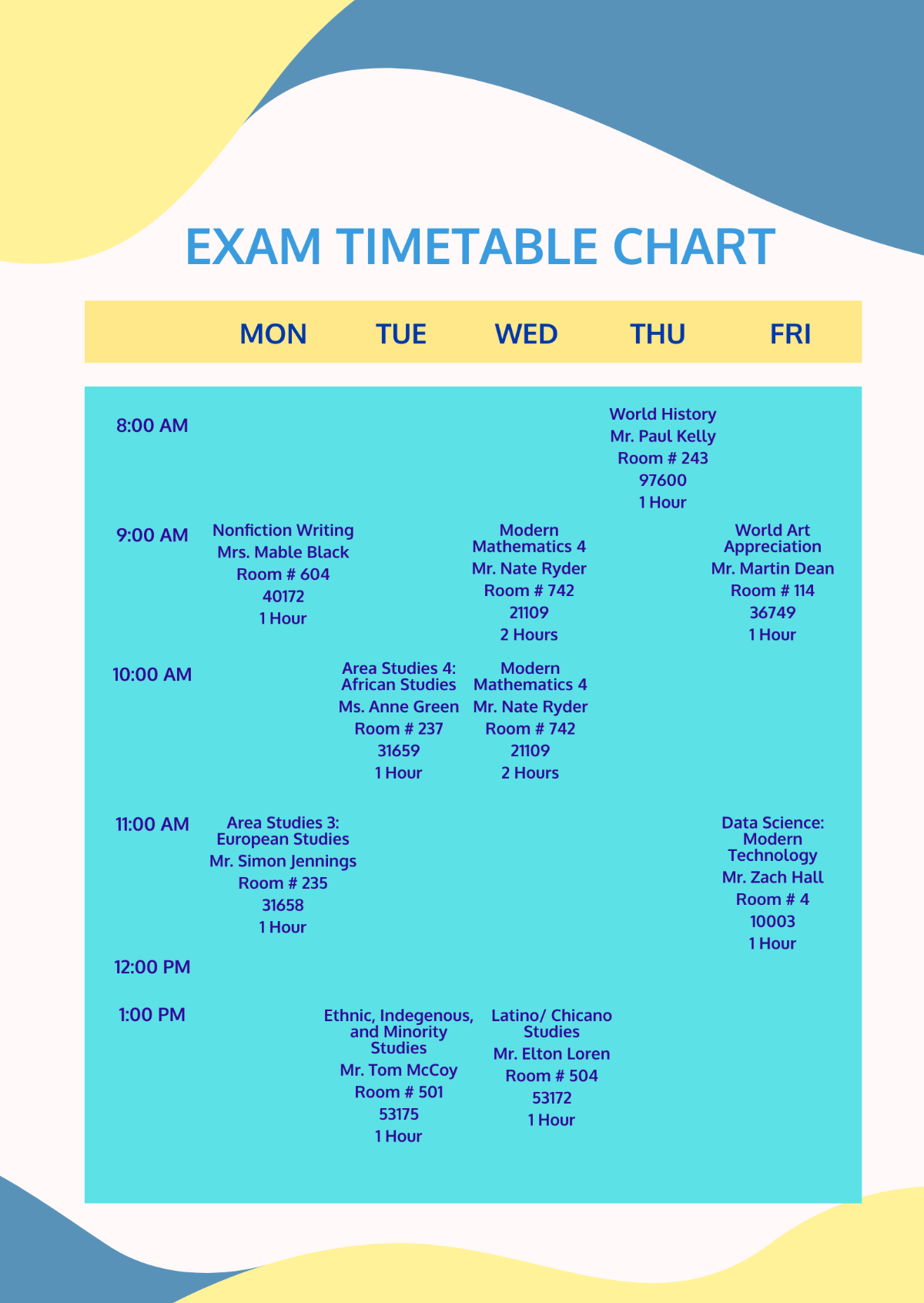 Exam Timetable Chart Template - Edit Online & Download