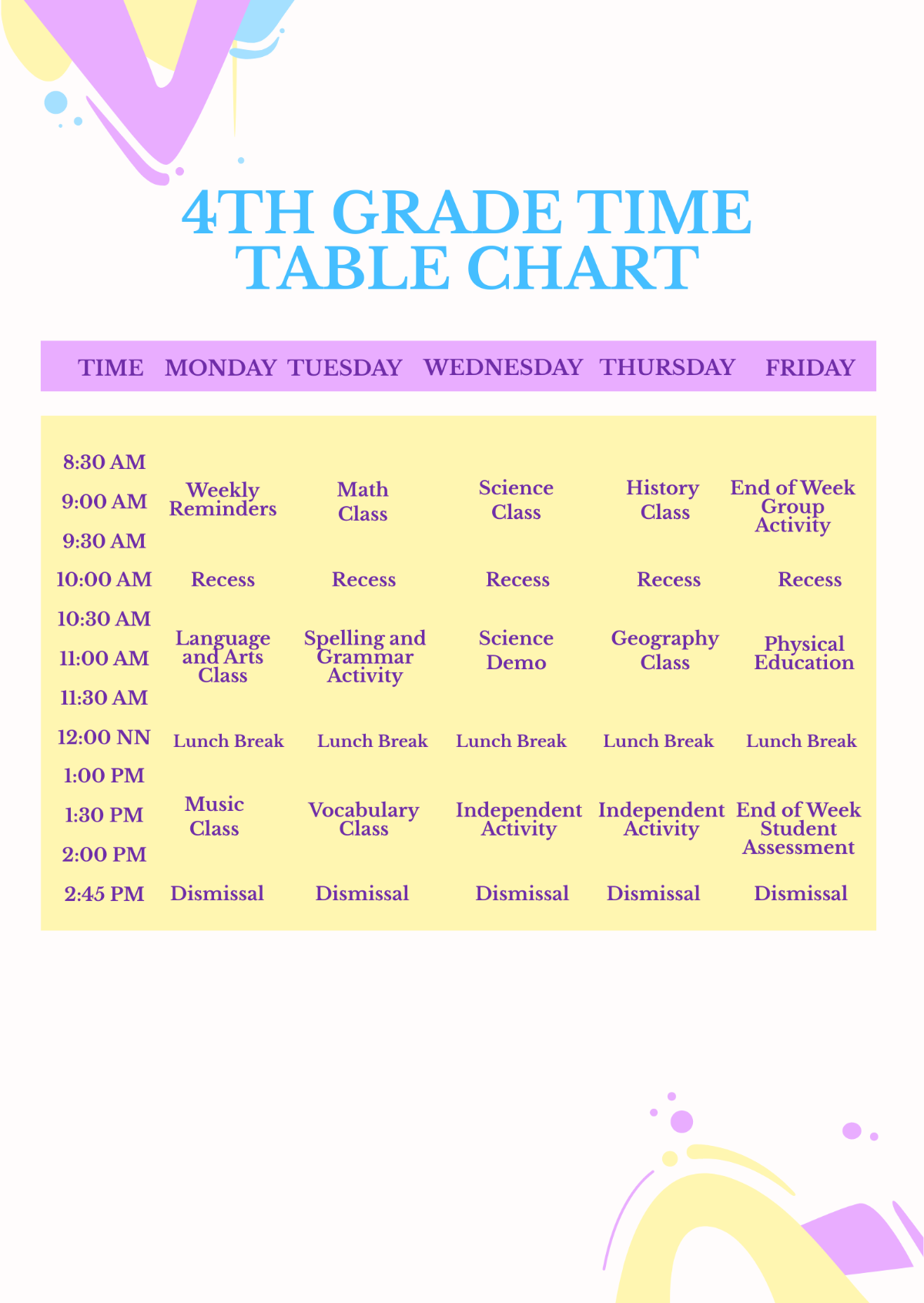 4th Grade Time Table Chart Template - Edit Online & Download