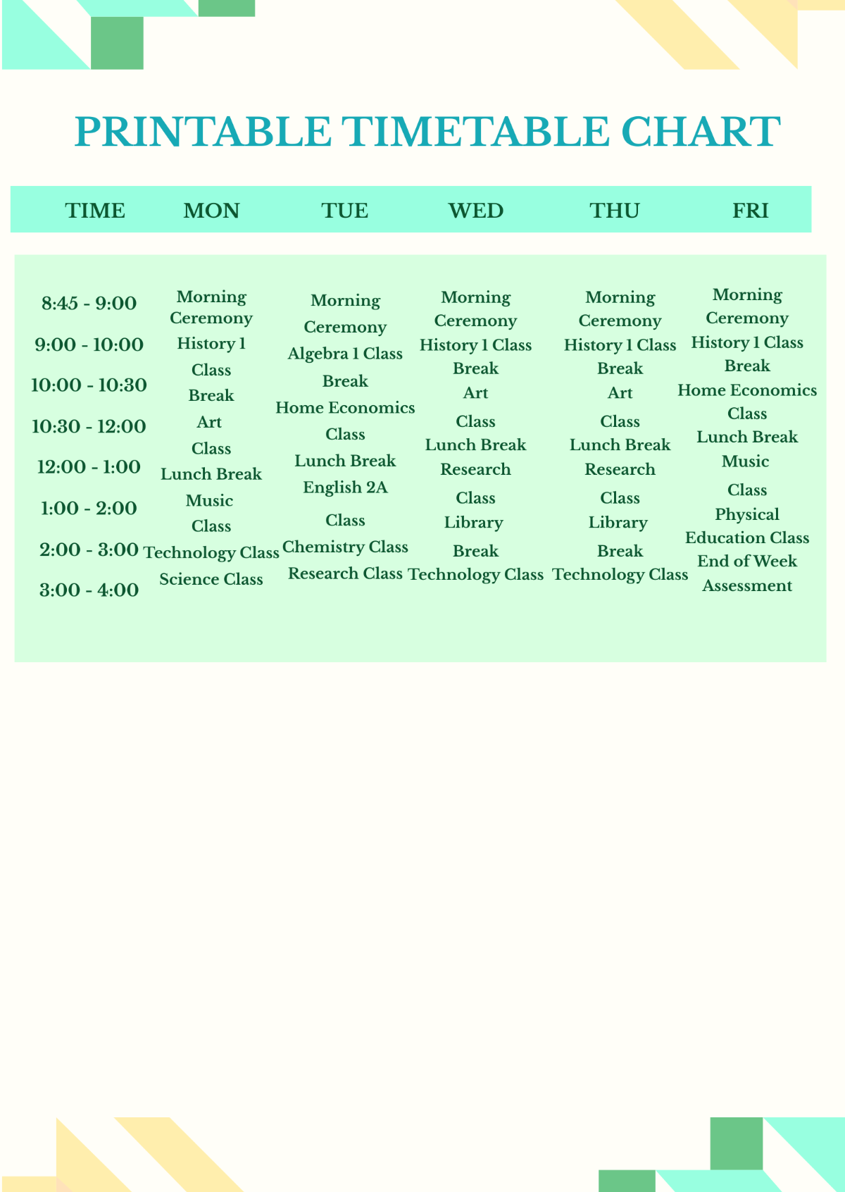 Printable Timetable Chart Template - Edit Online & Download