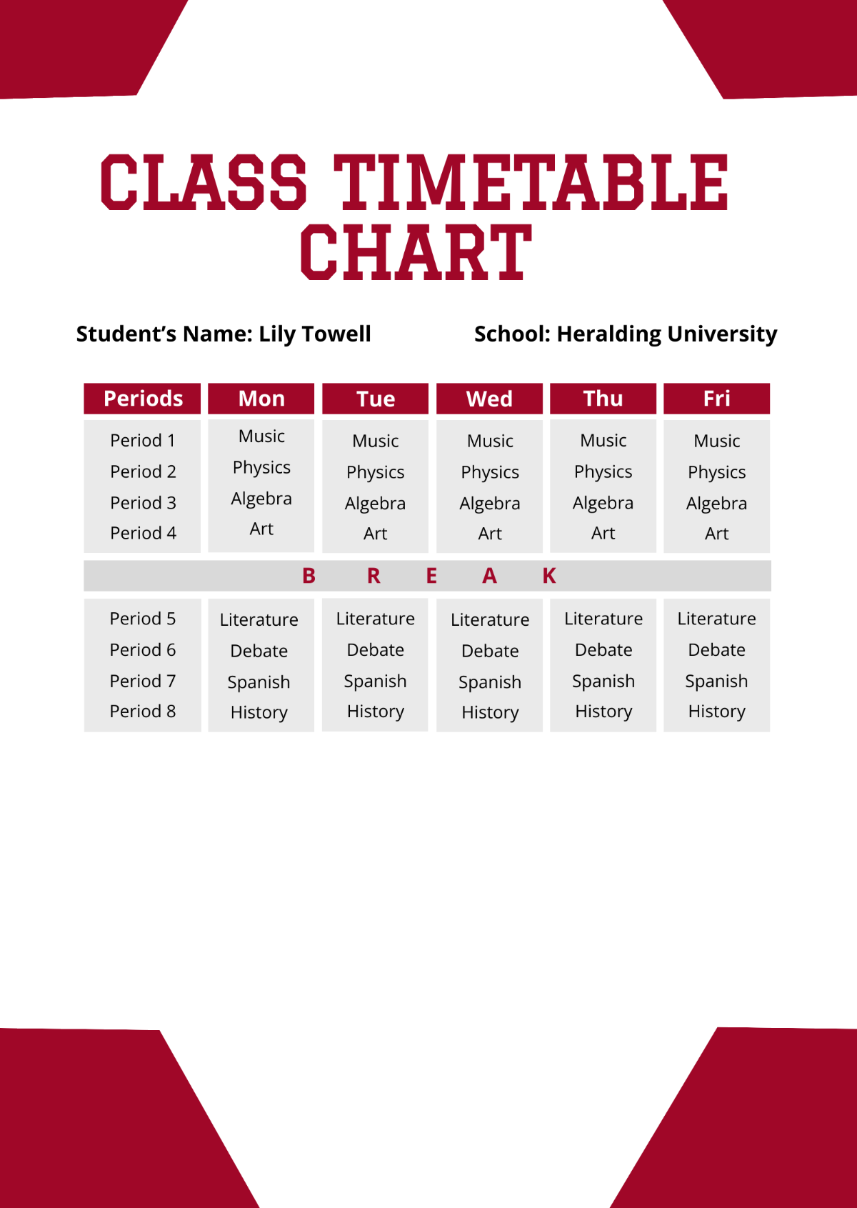 Class Timetable Chart Template - Edit Online & Download