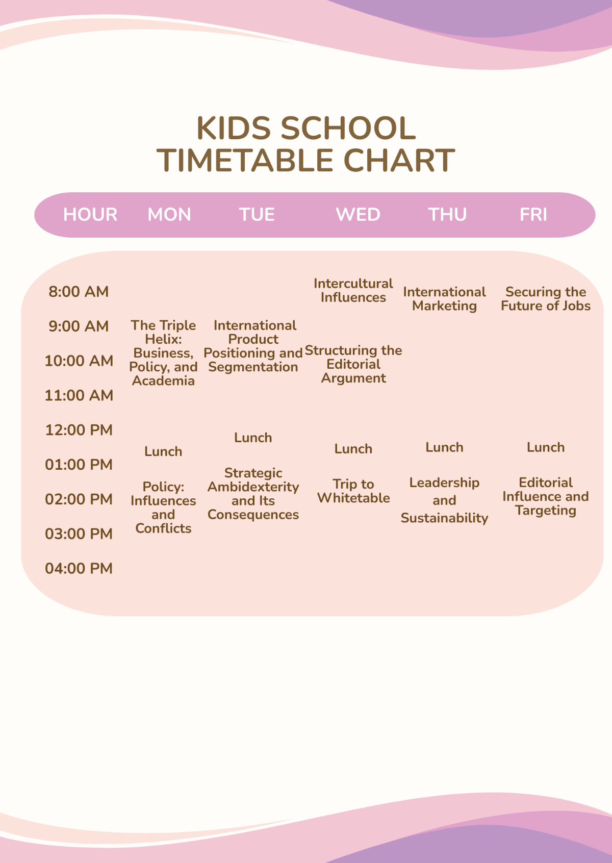 Business School Timetable Chart Template - Edit Online & Download