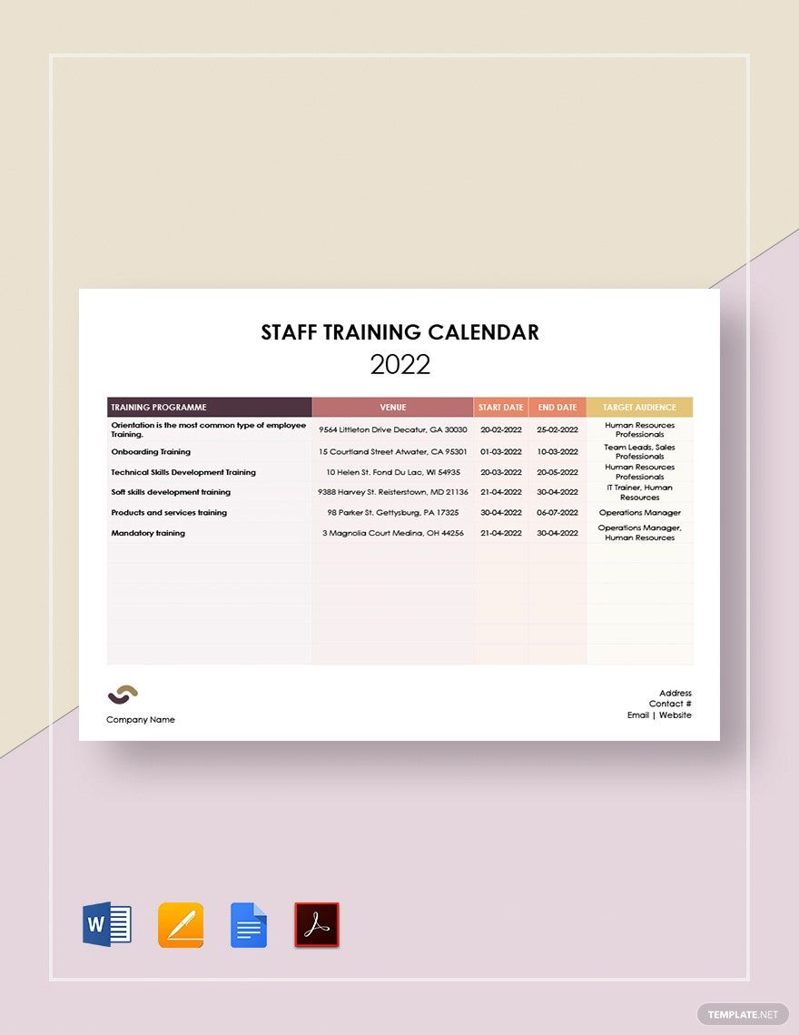 Staff Training Calendar Template in Google Docs, Word, Pages, PDF - Download | Template.net