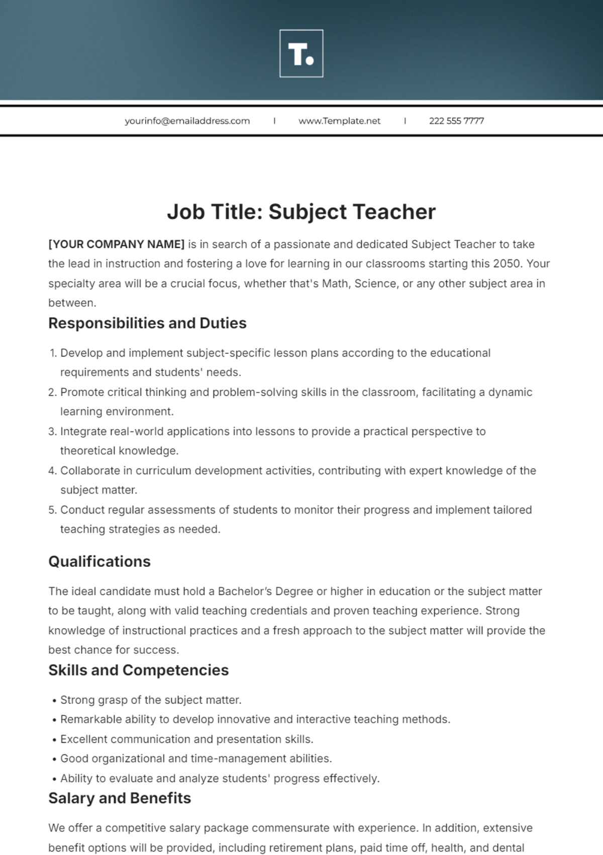 Subject Teacher Job Description Template - Edit Online & Download