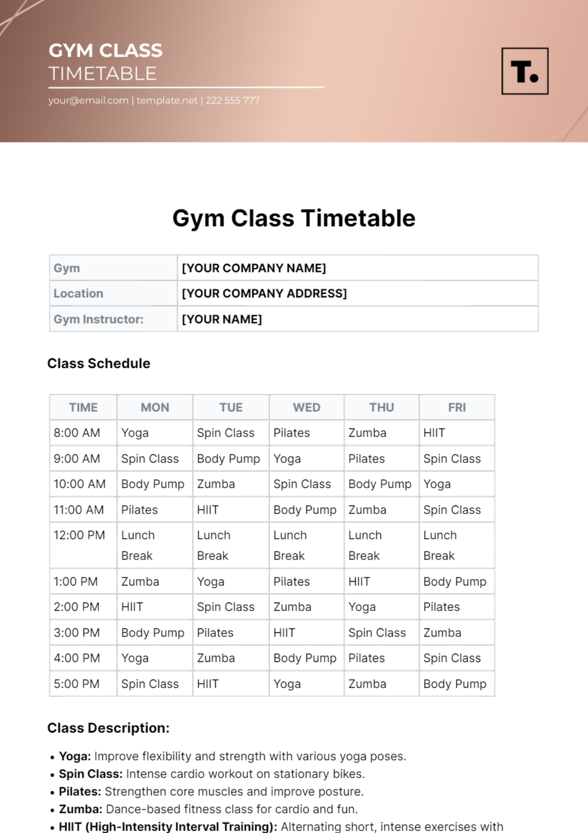 Gym Class Timetable Template - Edit Online & Download