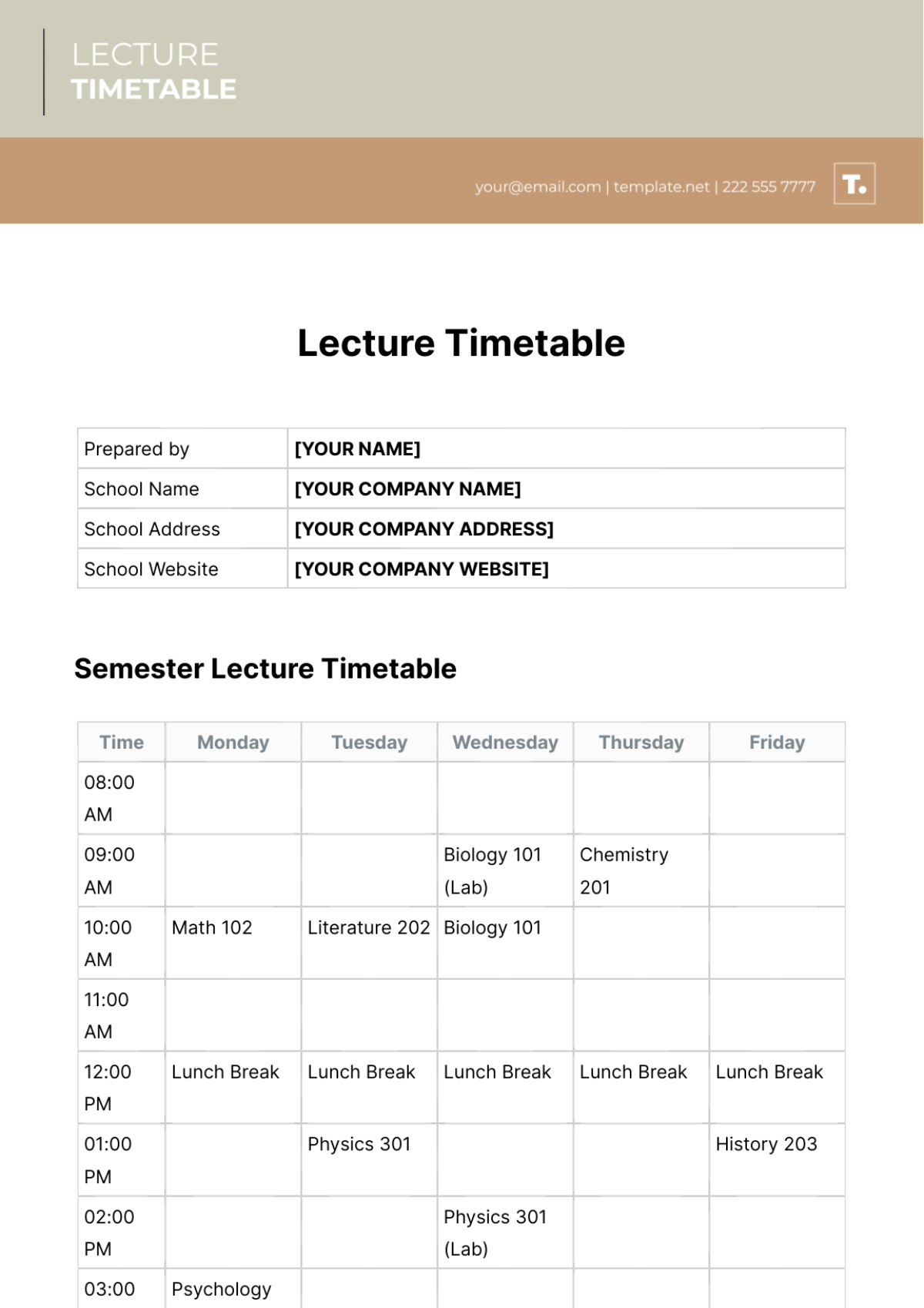 Lecture Timetable Template - Edit Online & Download