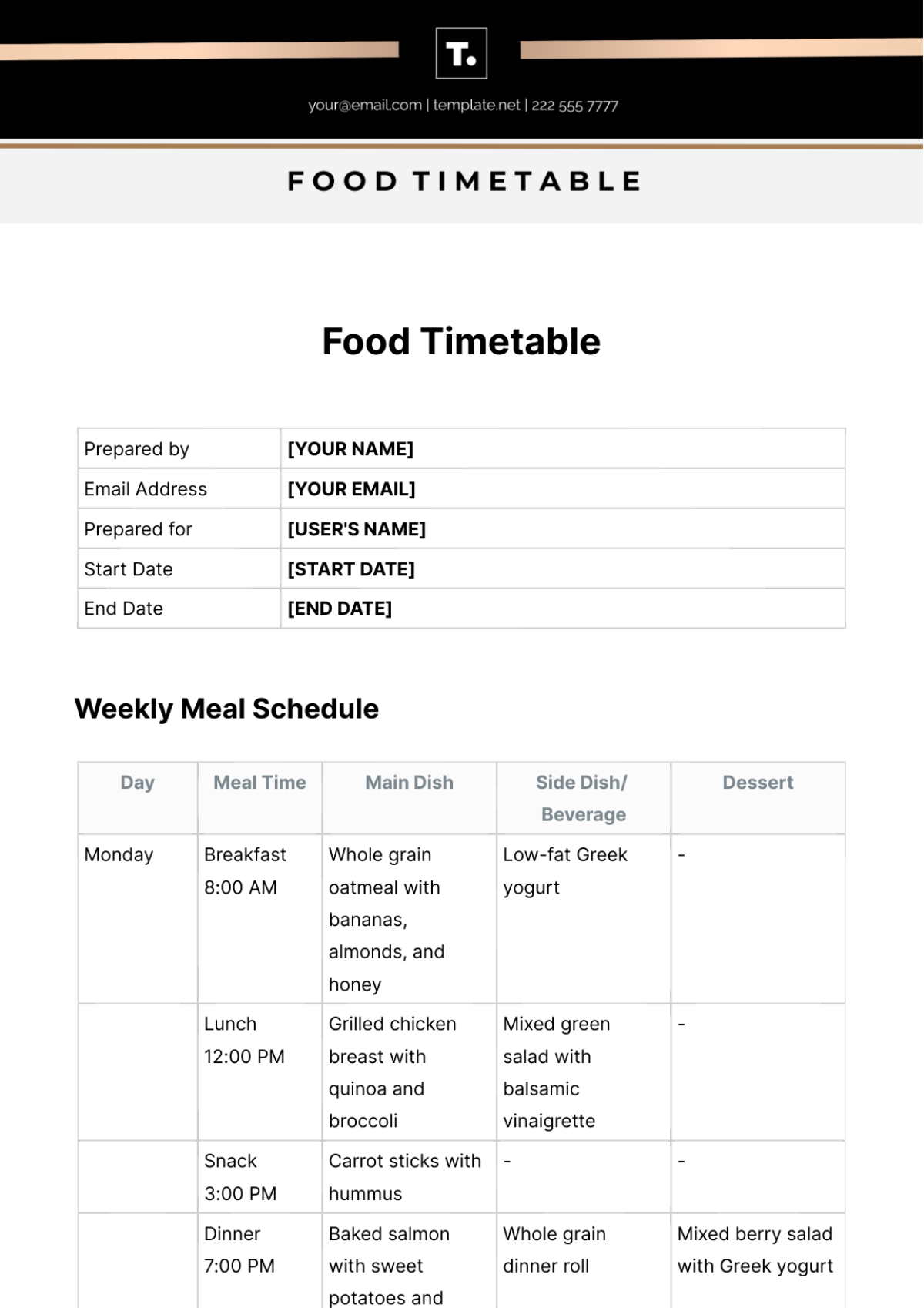 Food Timetable Template - Edit Online & Download