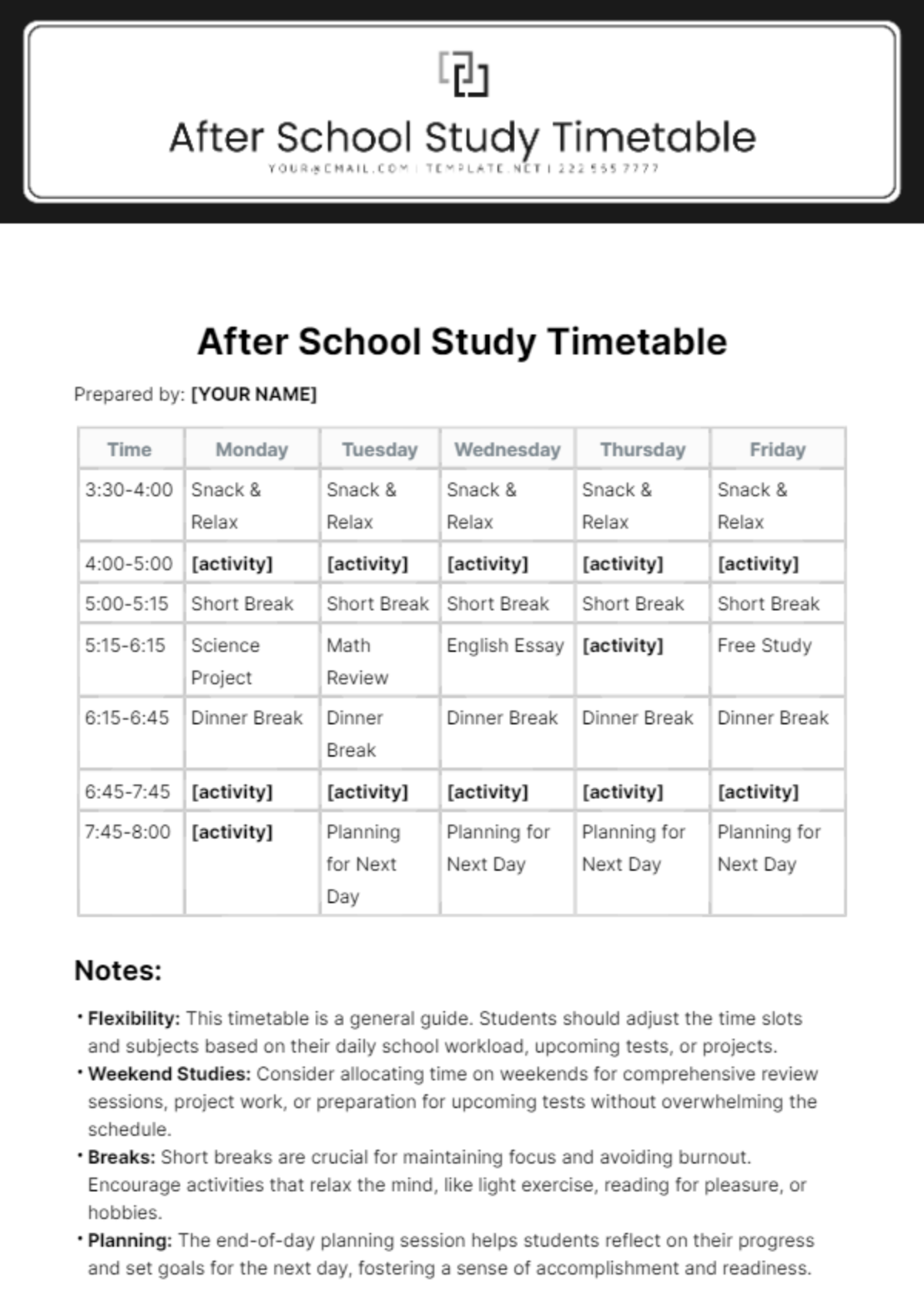 After School Study Timetable Template - Edit Online & Download