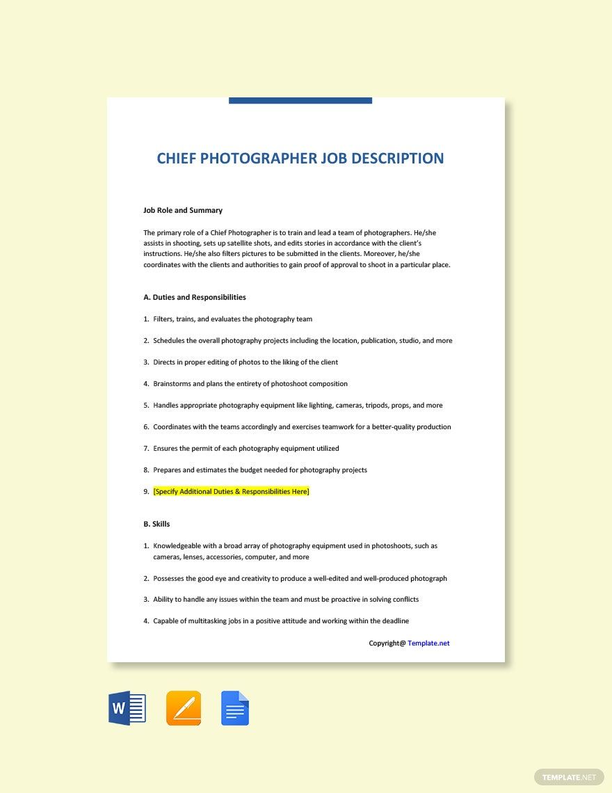 Chief Photographer Job Description in Google Docs, Word, Pages, PDF - Download | Template.net