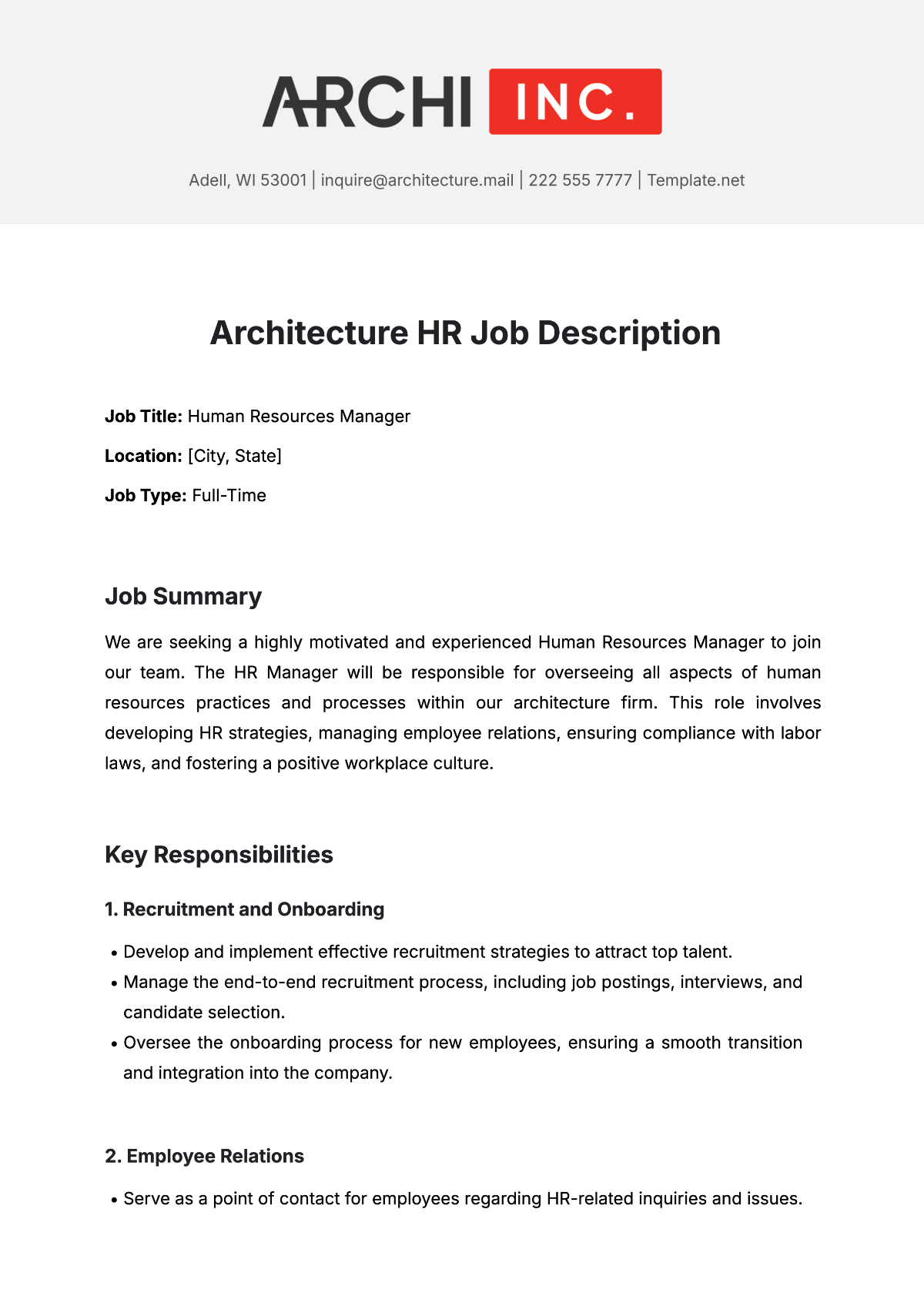 Architecture HR Job Description Template - Edit Online & Download