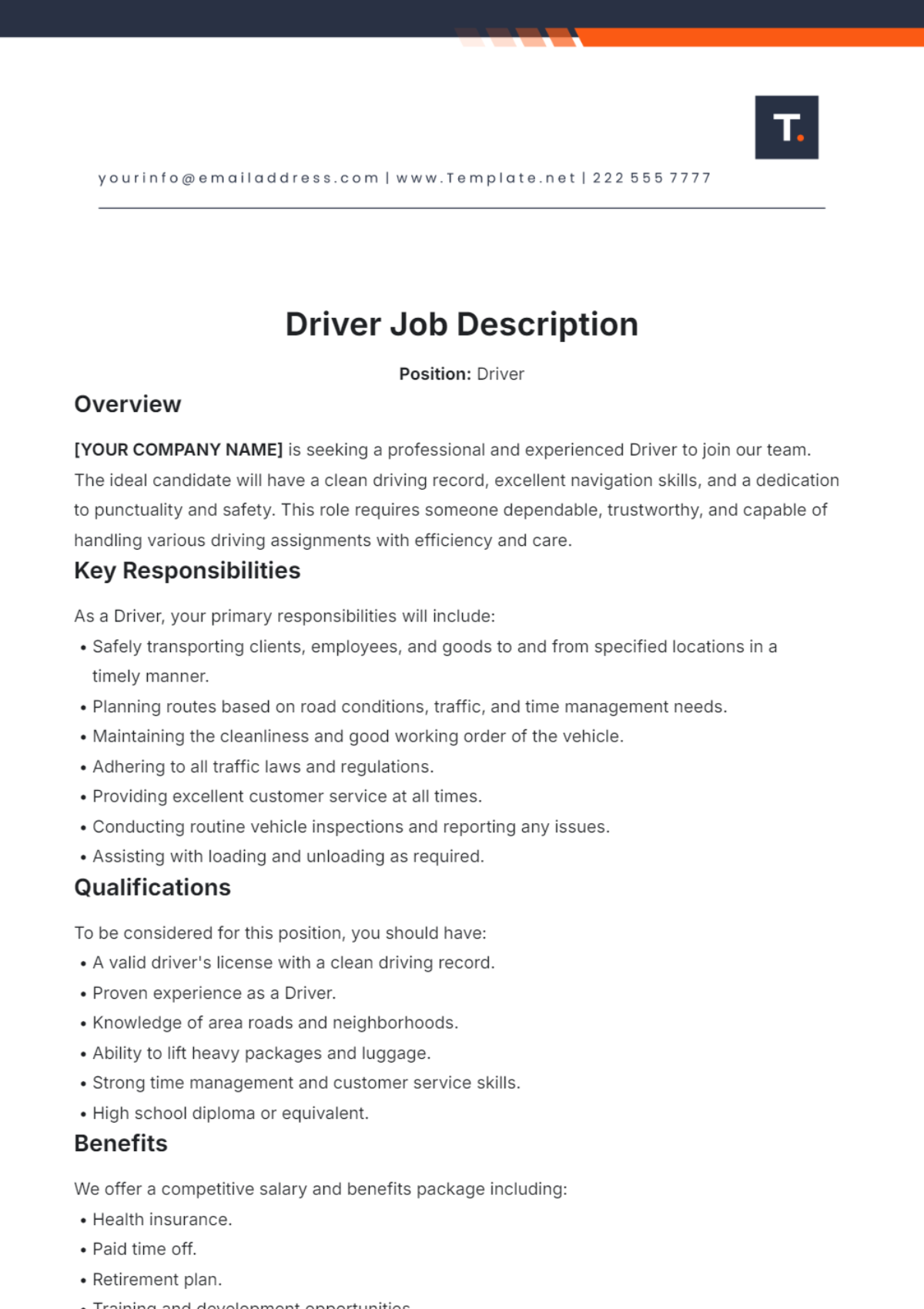 Driver Job Description Template - Edit Online & Download