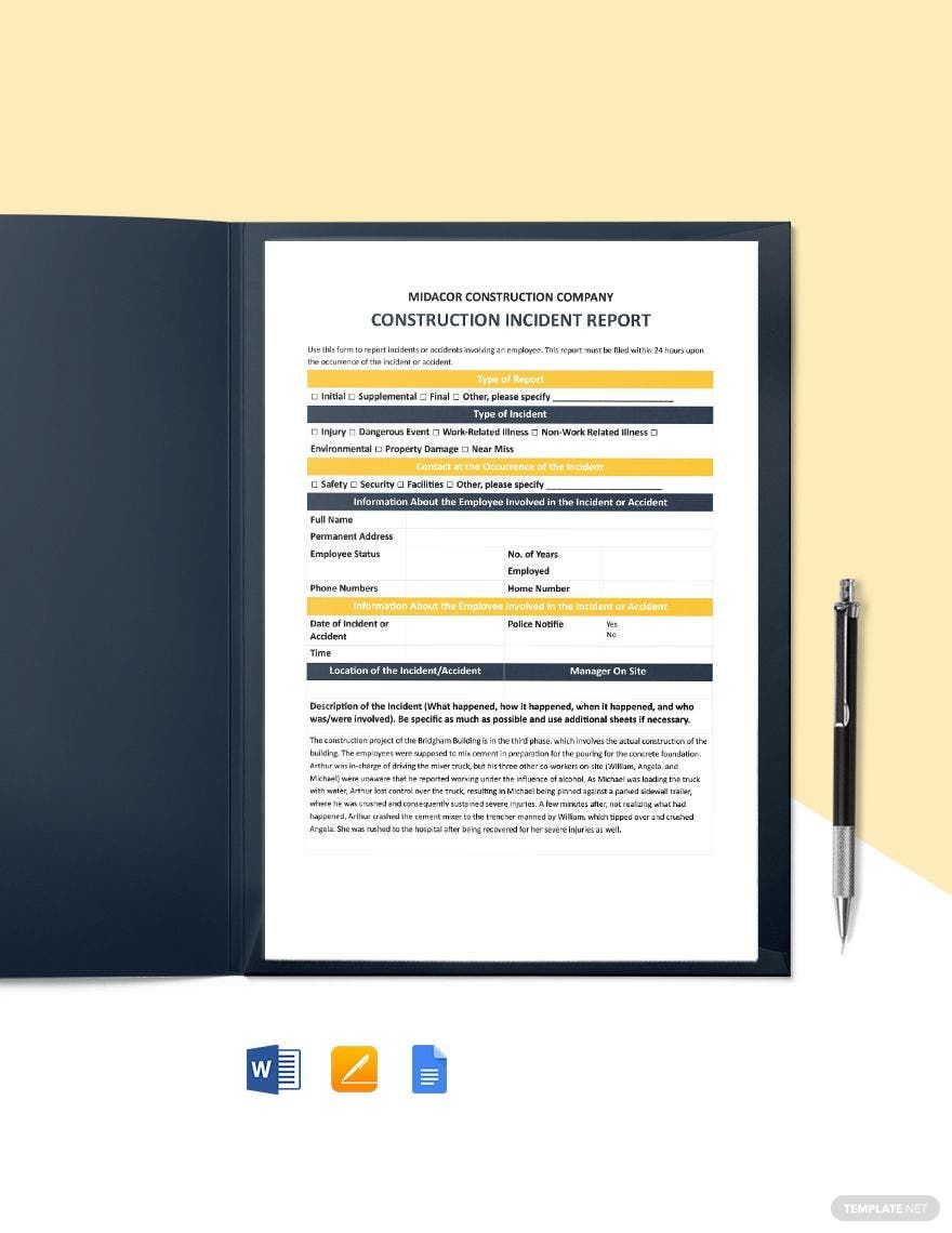 Construction Final Incident Report Template