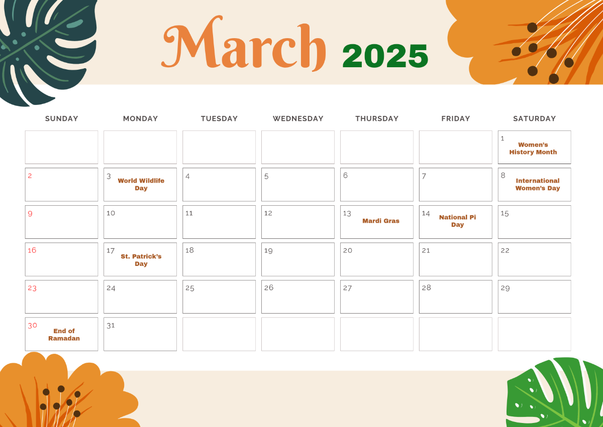 March 2025 Calendar Events Template - Edit Online & Download