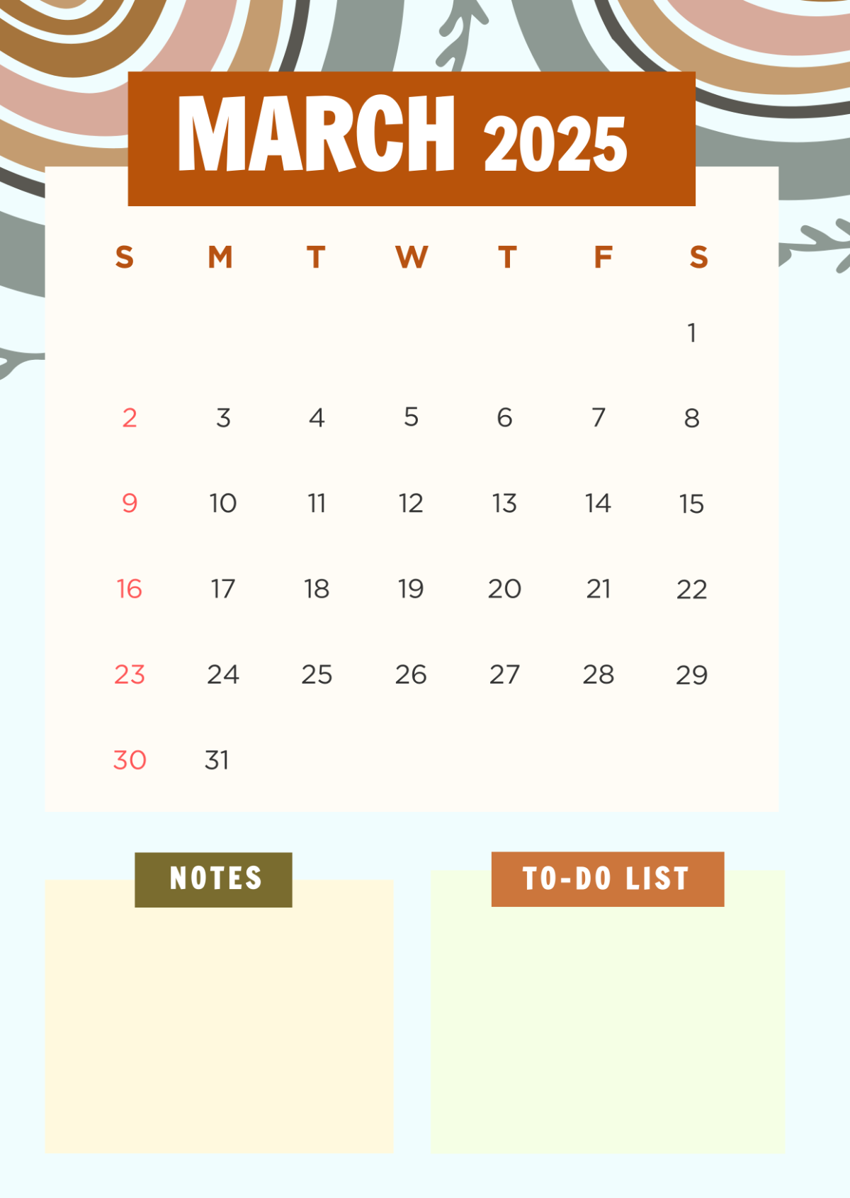 March 2025 Calendar with To-Do List Template - Edit Online & Download