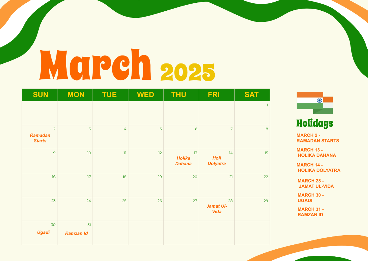 March 2025 Calendar with India Holidays Template - Edit Online & Download