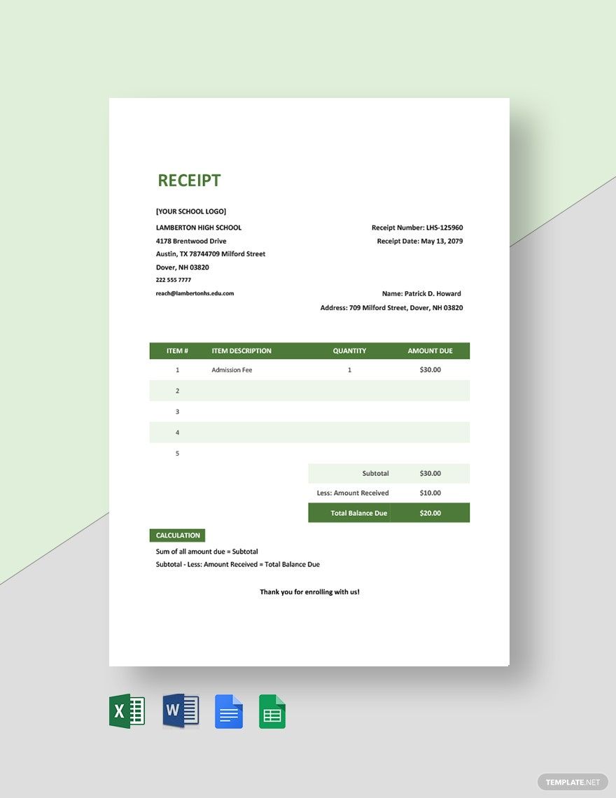 School Admission Receipt Template