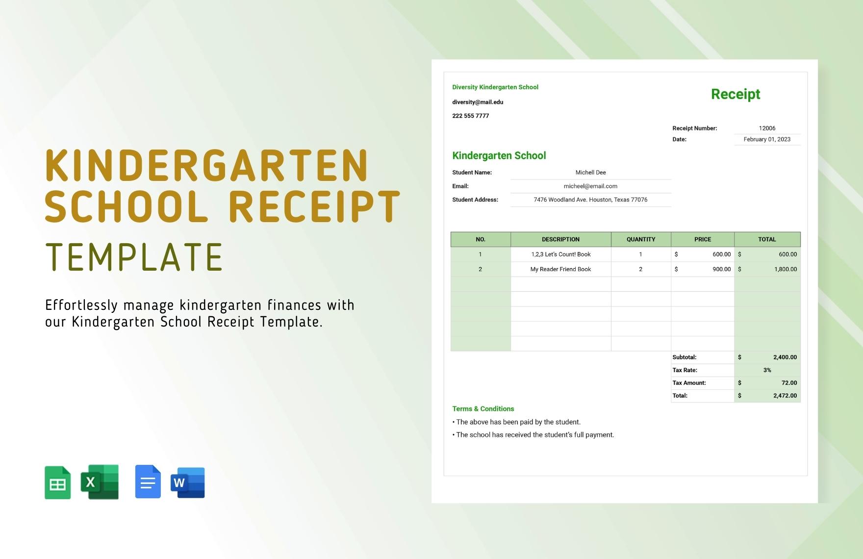 Kindergarten School Receipt Template