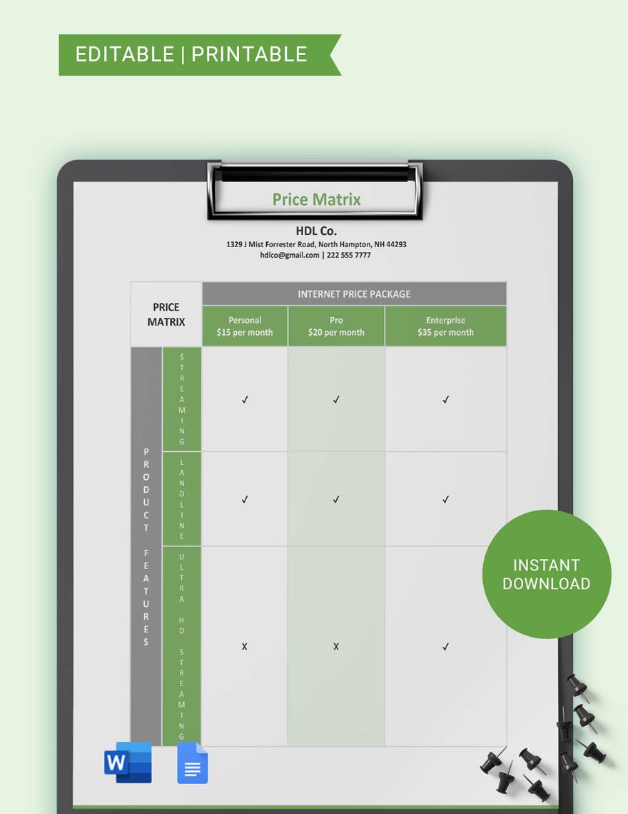 Price Matrix Template