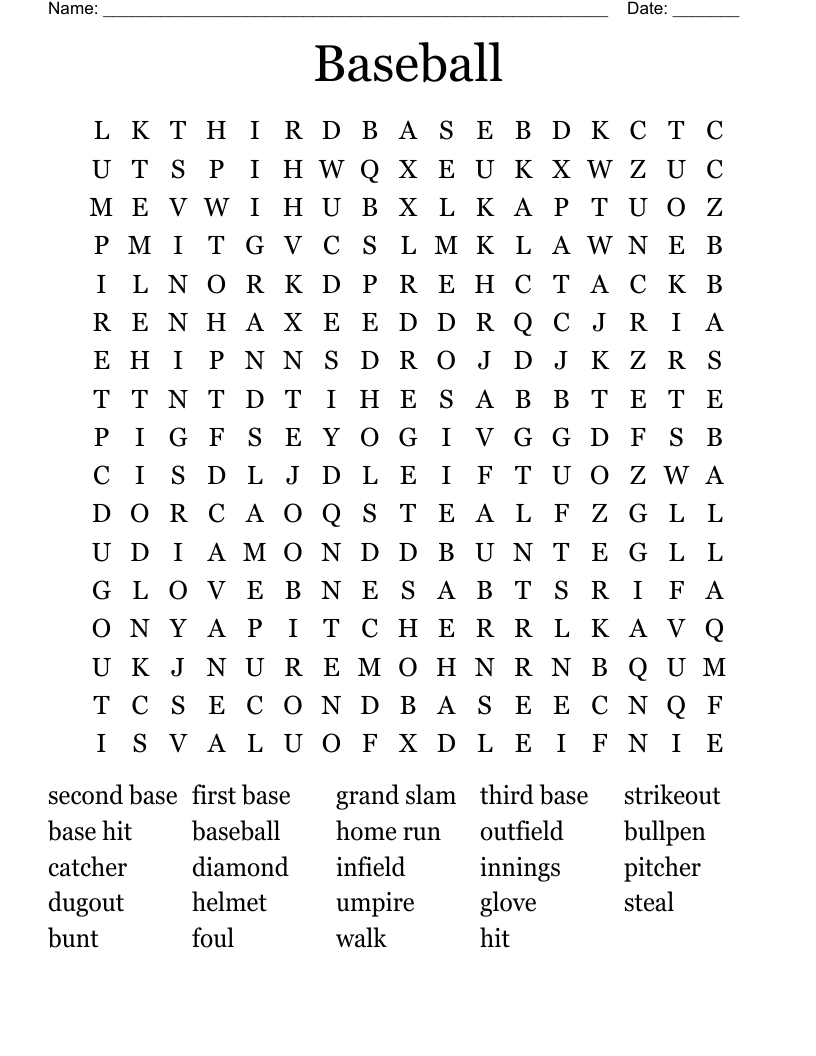 Baseball Word Search