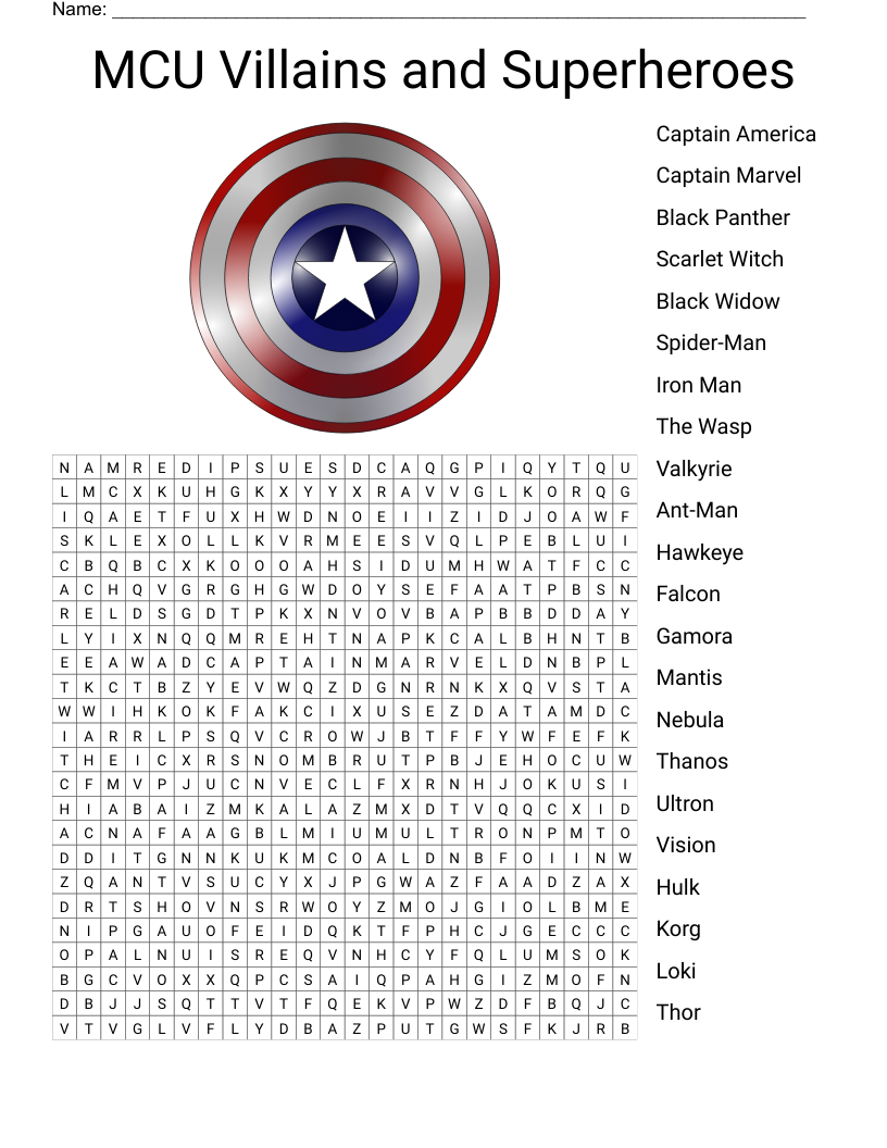 MCU Villains and Superheroes Word Search