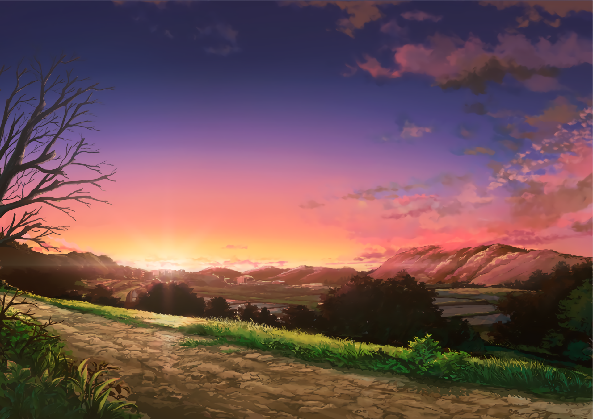 Anime Landscape Anime Girl Tree Flowers Grass Worm View wallpaper ...