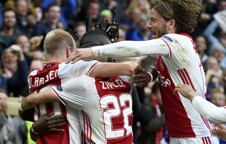 La joie des joueurs de l'Ajax Amsterdam qui ont battu Lyon (4-1) en demi-finale aller de Ligue Europa