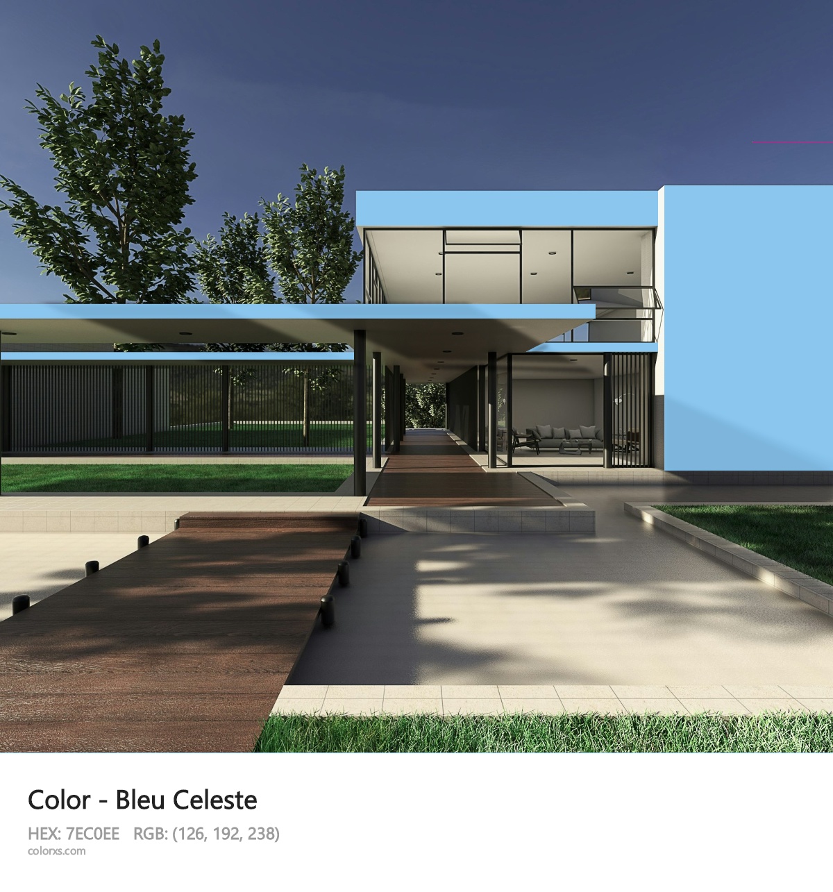 Bleu Celeste Color exterior design modern house with walkway