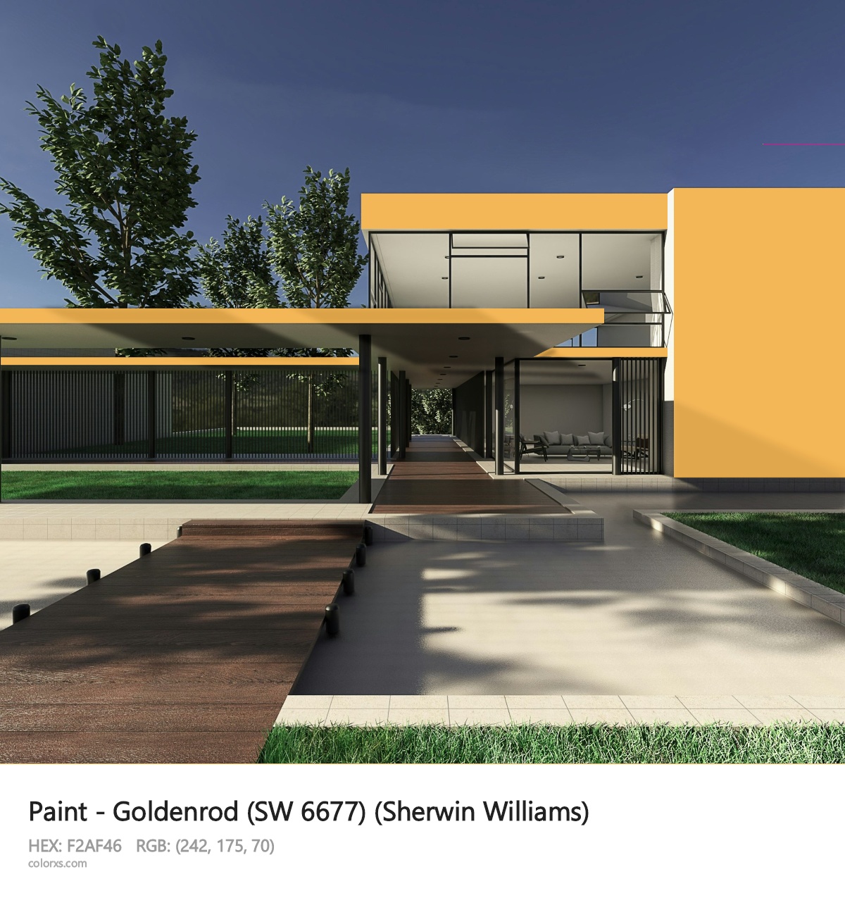 Sherwin Williams Goldenrod (SW 6677) Paint exterior design modern house with walkway