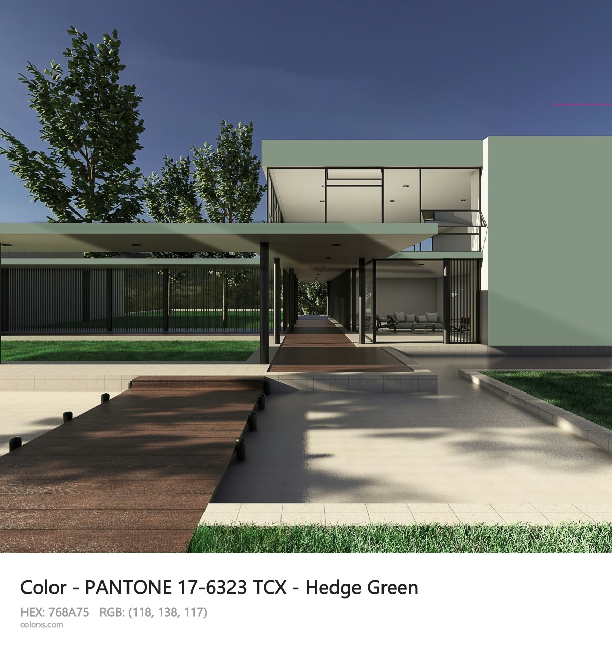 PANTONE 17-6323 TCX - Hedge Green CMS exterior design modern house with walkway