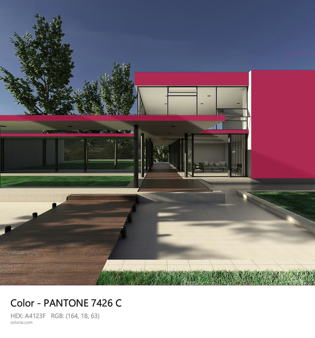 PANTONE 7426 C CMS exterior design modern house with walkway