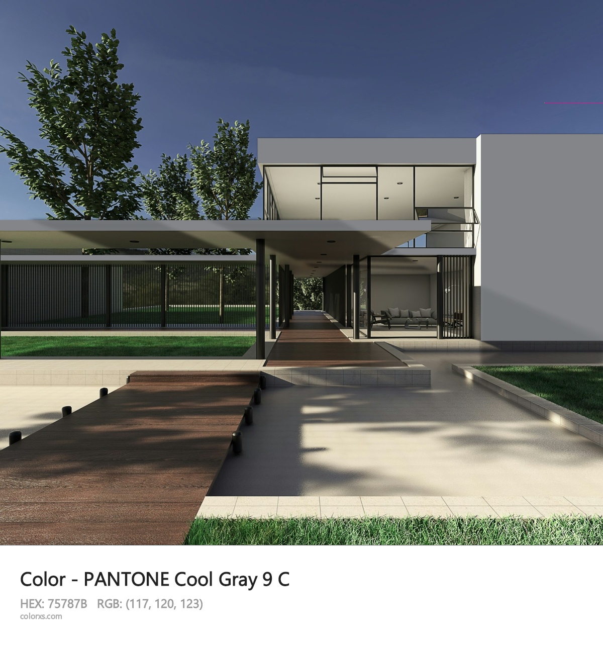 PANTONE Cool Gray 9 C CMS exterior design modern house with walkway