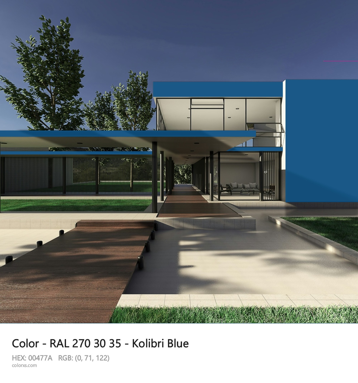 RAL 270 30 35 - Kolibri Blue CMS exterior design modern house with walkway