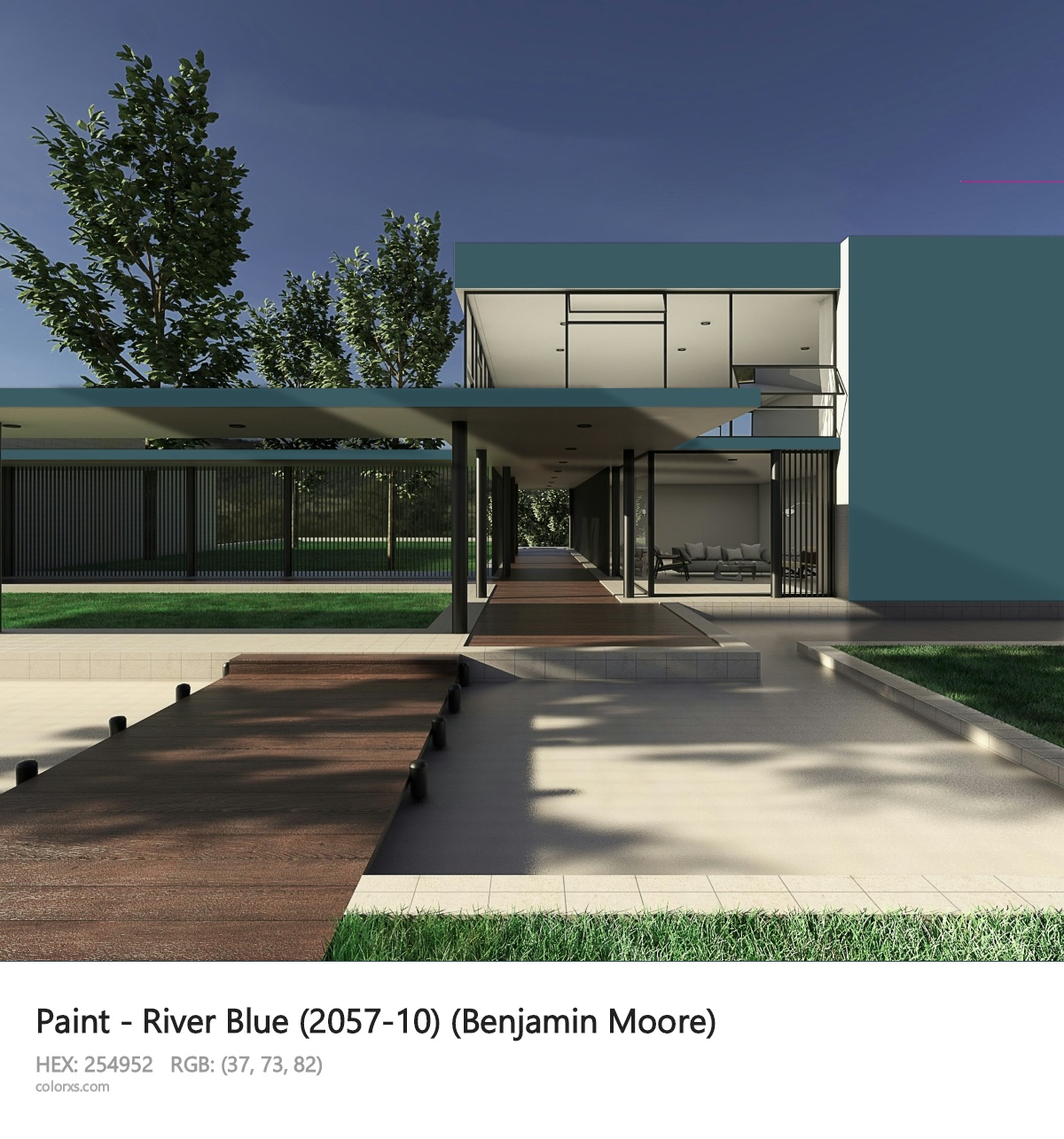 Benjamin Moore River Blue (2057-10) Paint exterior design modern house with walkway