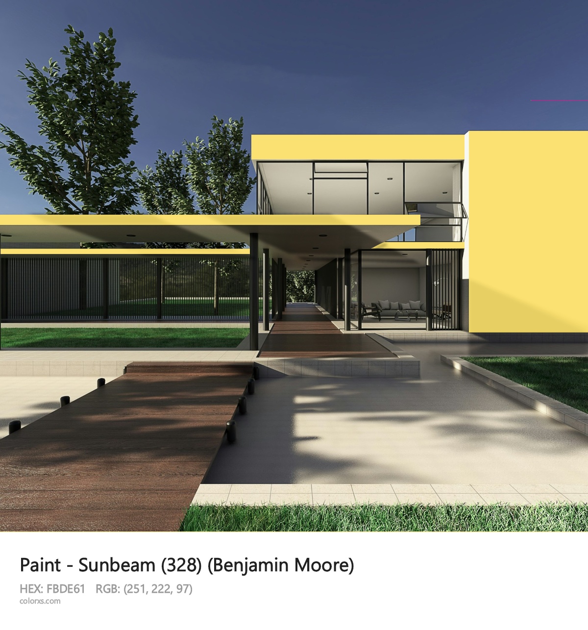 Benjamin Moore Sunbeam (328) Paint exterior design modern house with walkway