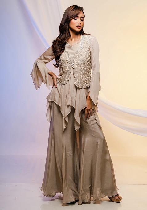 Grey Embroidered Georgette Jacket Set