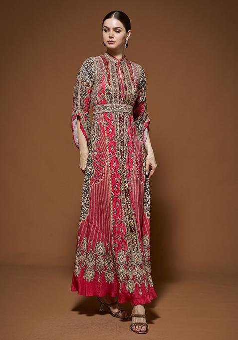 Rose Red Rhinestones Embroidered Crepe Gown