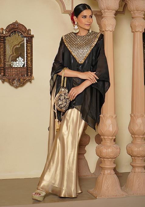 Black Embroidered Satin Sharara Set With Cape