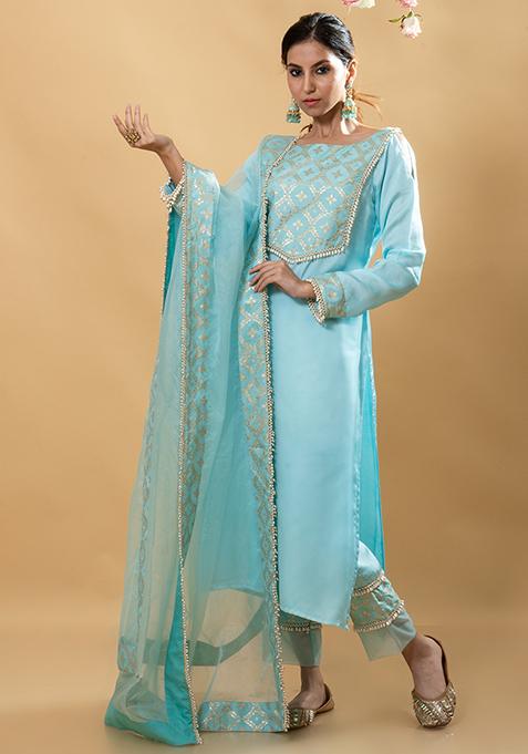 Blue Brocade Embroidered Isha Suit Set