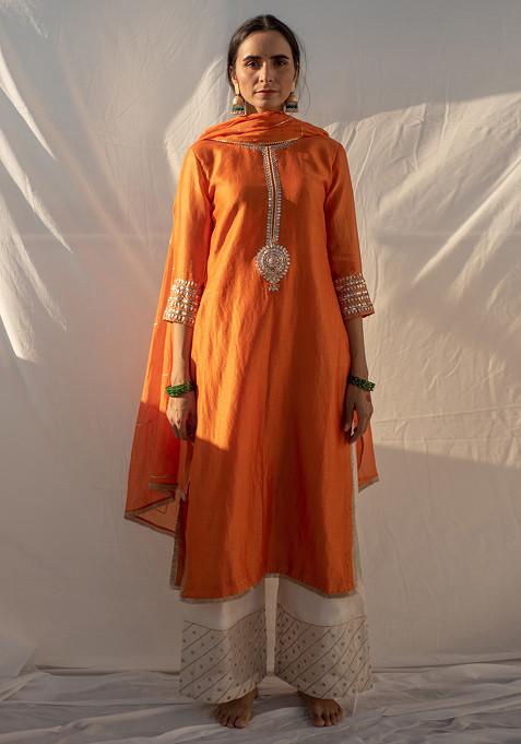 Saffron And Cream Hand Embroidered Chanderi Kurta Set