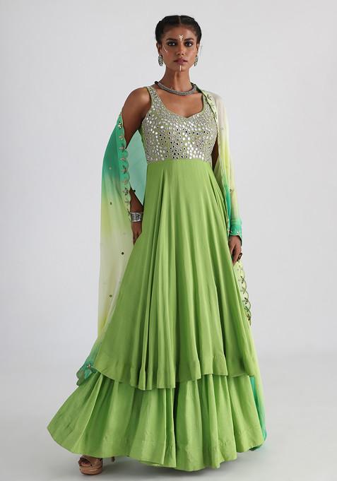 Green Mirror Embroidered Silk Muslin Anarkali Set