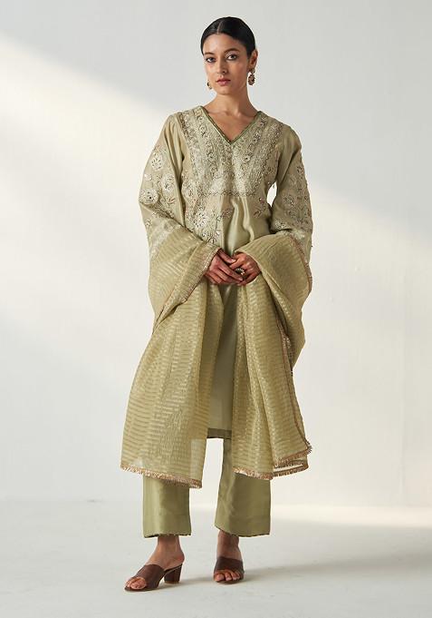 Light Green Hand Embroidered Chanderi Kurta Set